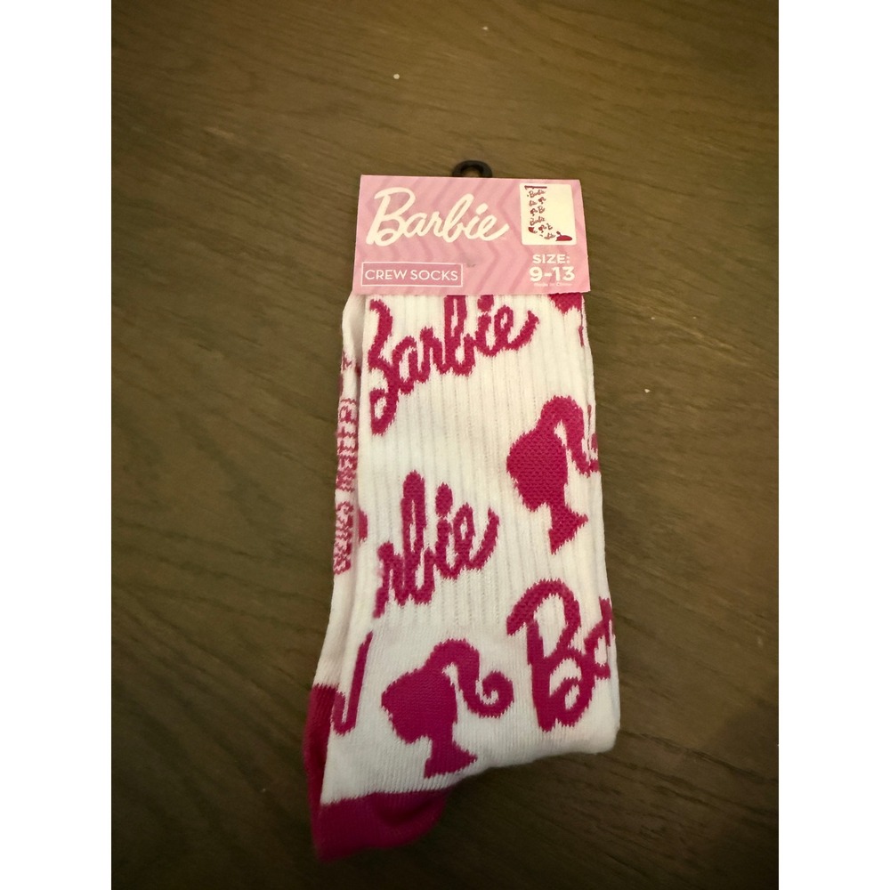 Barbie Mattel Pink White Crew Socks Size 9-13 Logo Silhouette Pattern NWT